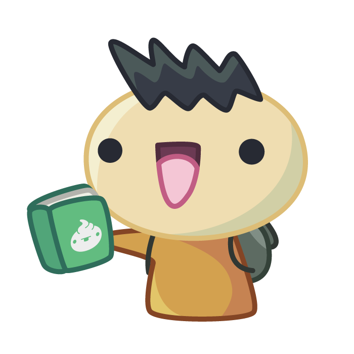A Yoshi wearing brown with a packed rucksack and a green book with a Spoopy logo on the cover.