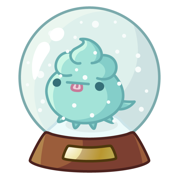 A blue Spoopy inside of a snow globe with snow falling around him.