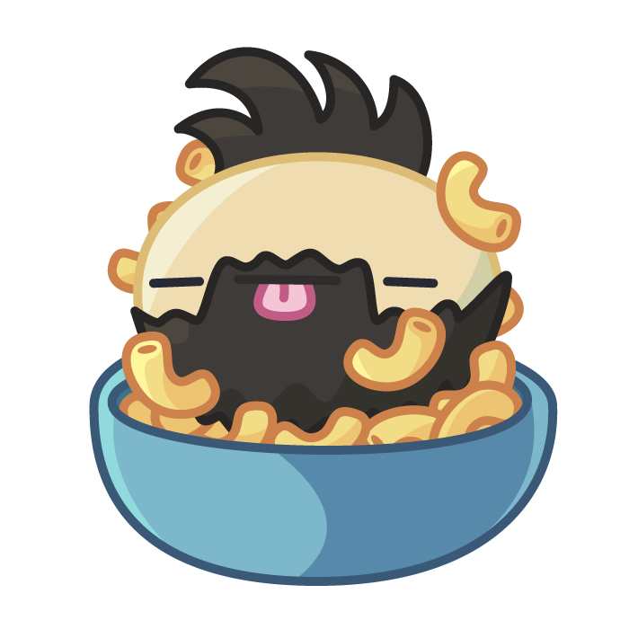 A Churse sitting in a big bowl of mac and cheese with macaroni all over his beard and head.