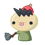 A Yerrsher in a forest green shirt and a red beanie using a stick to turn over a rock that looks like a Spoopy.