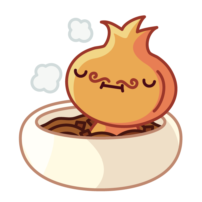 Cebolla with a swirly moustache relaxing in a pot of french onion soup as if it were a hot bath.