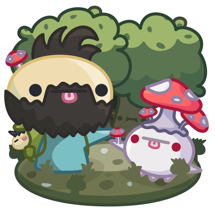 A backpacking Churse with a little mushroom growing on top of his head saying hello to a Fungal Spoopy in a forest.