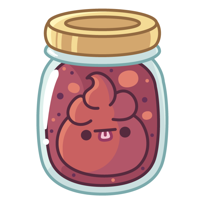 A closed jar filled with red jam and a little Sperpy inside staring at the outside world.