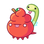 A red apple Spoopy with a shocked expression as a snake-like Klispy emerges from behind him.