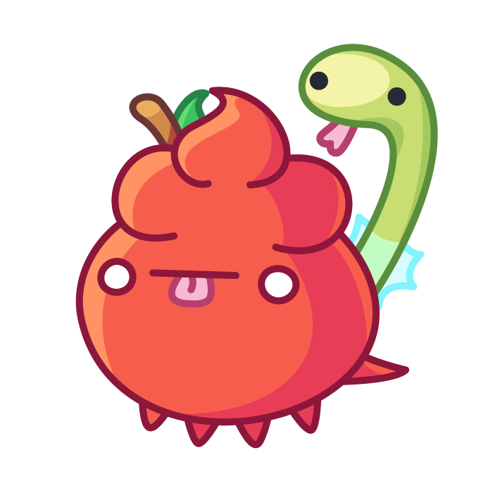 A red apple Spoopy with a shocked expression as a snake-like Klispy emerges from behind him.
