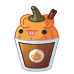 A pumpkin Spoopy stuffed in a plastic coffee cup with a Spoopy logo on it.