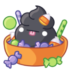 A Black Spoopy in the middle of a big bowl of halloween candy.