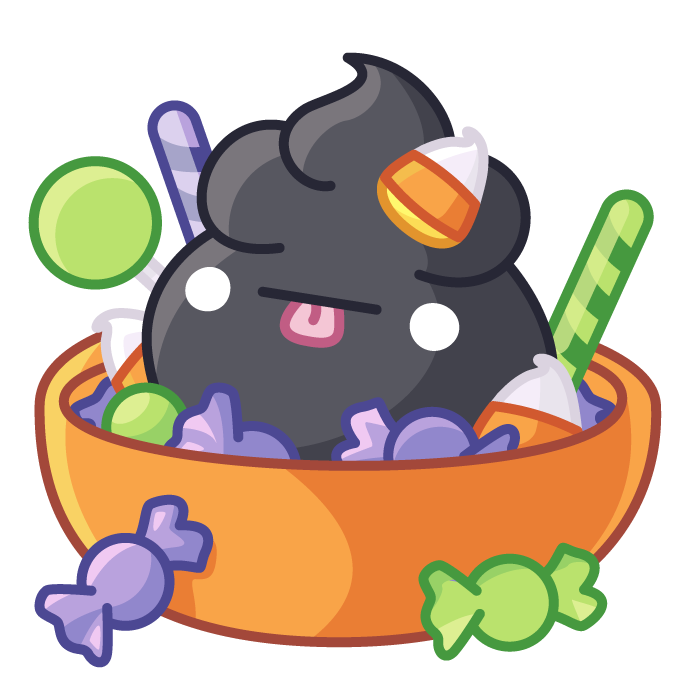 A Black Spoopy in the middle of a big bowl of halloween candy.