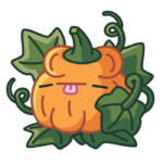 An orange Pumpkin Spoopy with his eyes closed coverded in big leaves and curly vines.